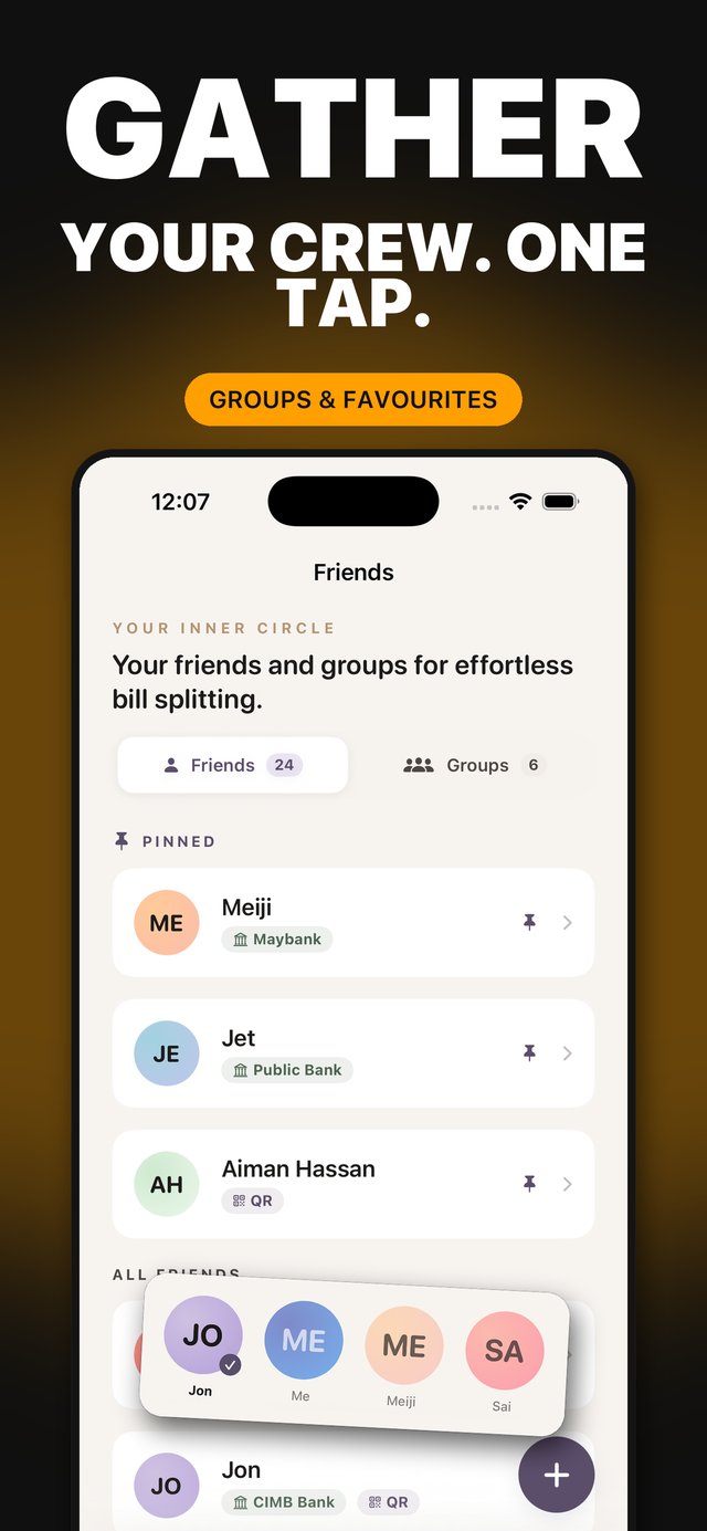 App Store screenshot — Gather your crew in one tap: saved friends with groups and favourites