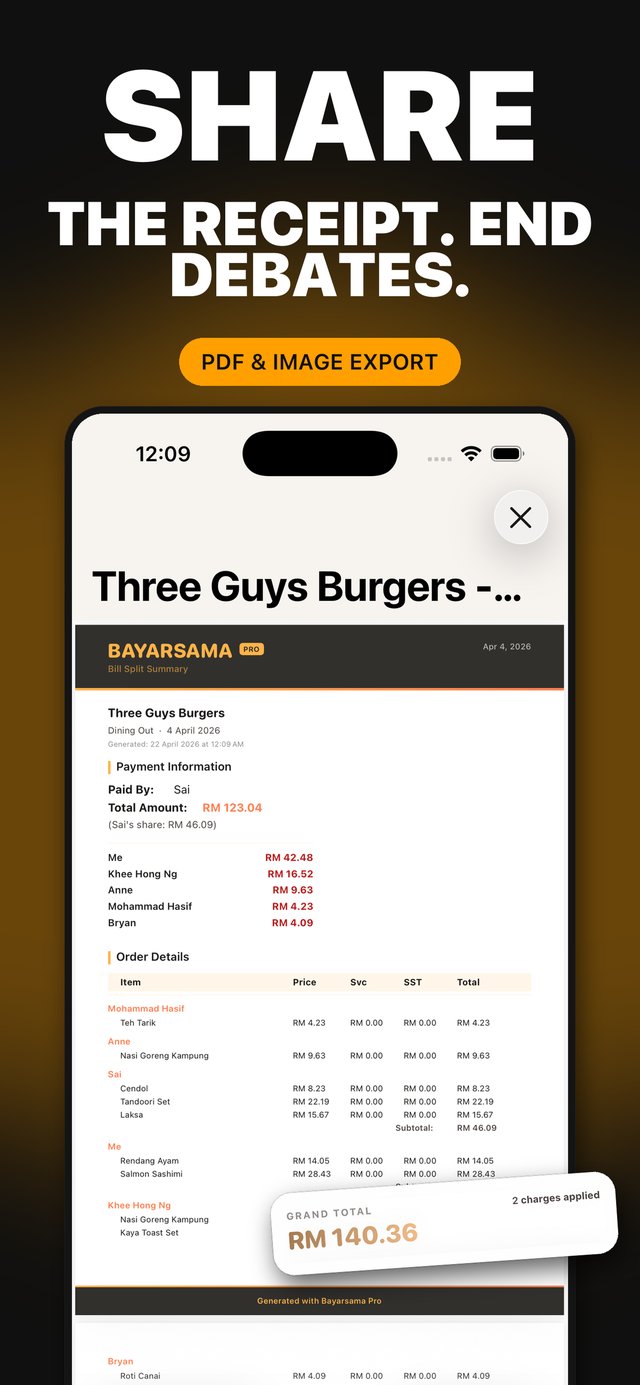 App Store screenshot — Share the receipt and end debates: PDF bill split summary export
