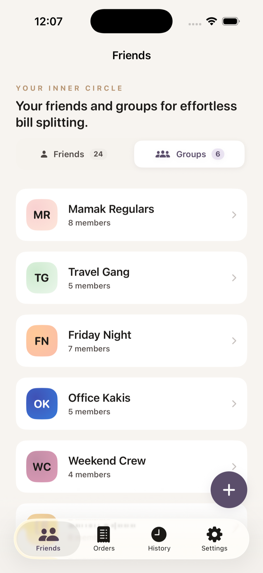 Bayarsama Friends screen — Groups tab showing Mamak Regulars, Travel Gang, Friday Night and more saved groups