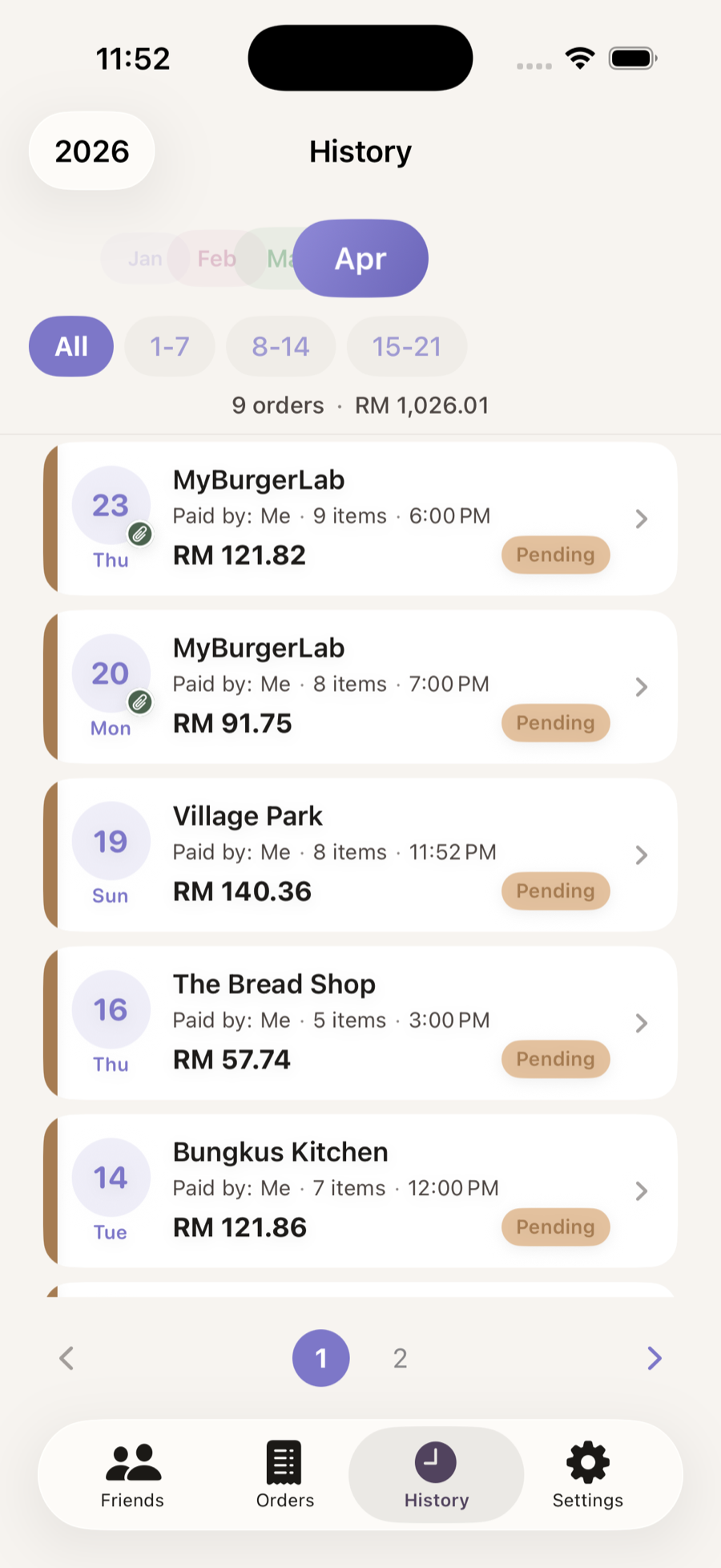 Bayarsama History screen — April 2026 showing saved orders with restaurant names, amounts, and payment status