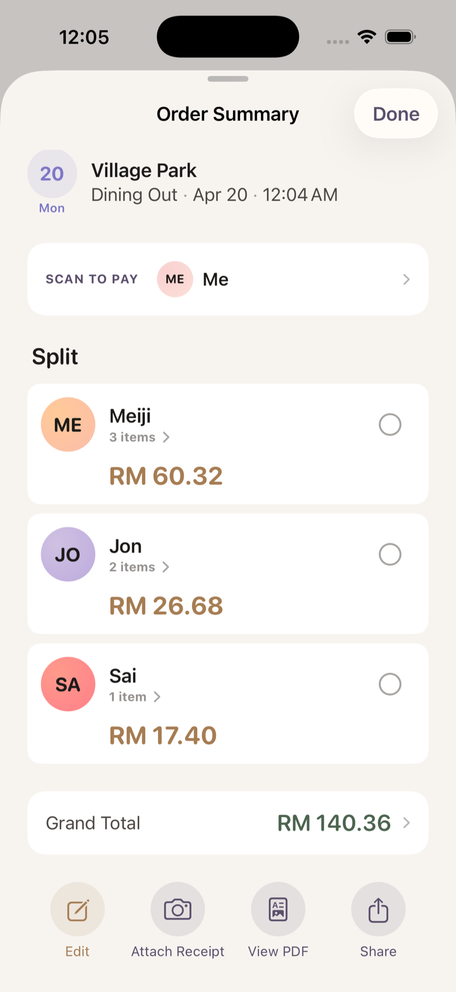 Bayarsama Order Summary — split breakdown showing each person's share and Grand Total