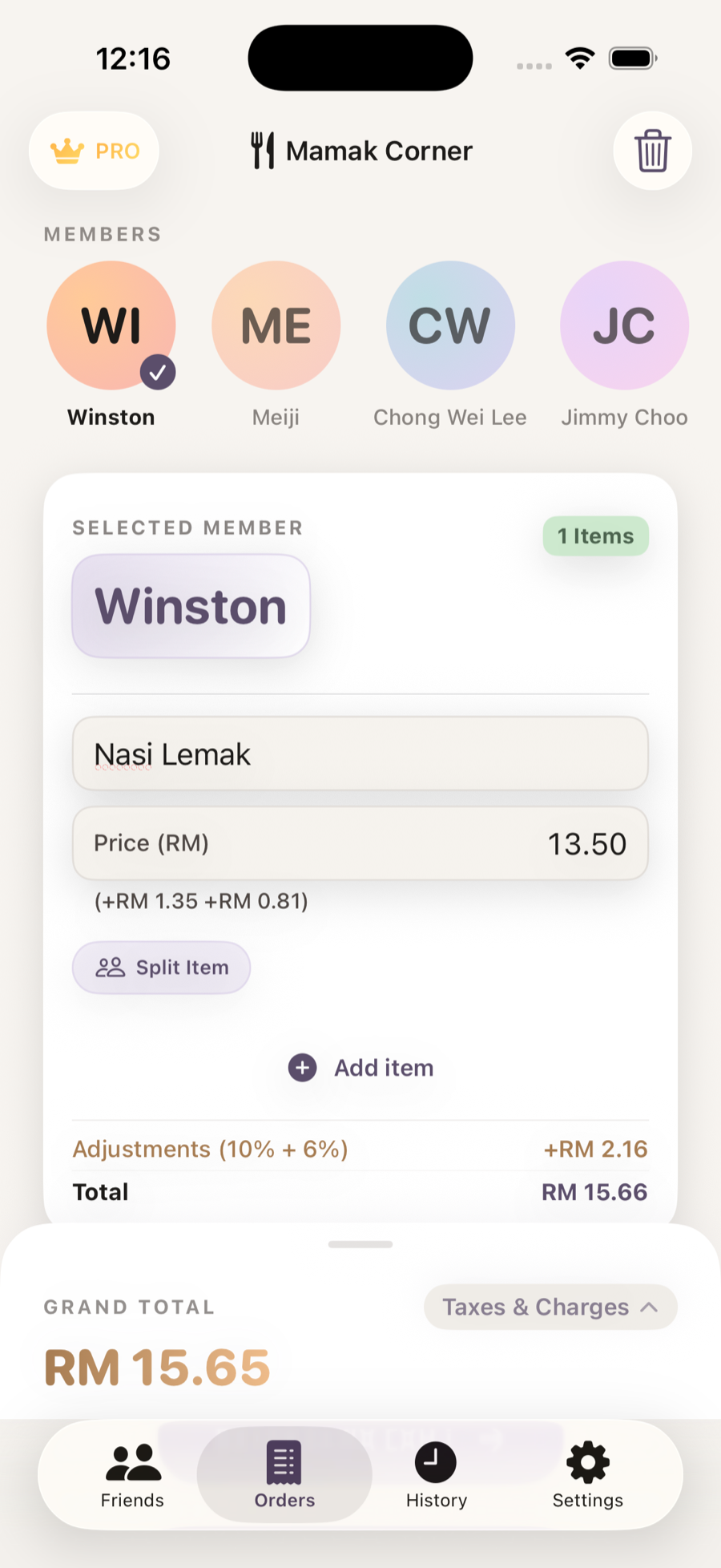 Bayarsama Orders screen — entering Nasi Lemak with automatic service charge and SST calculations