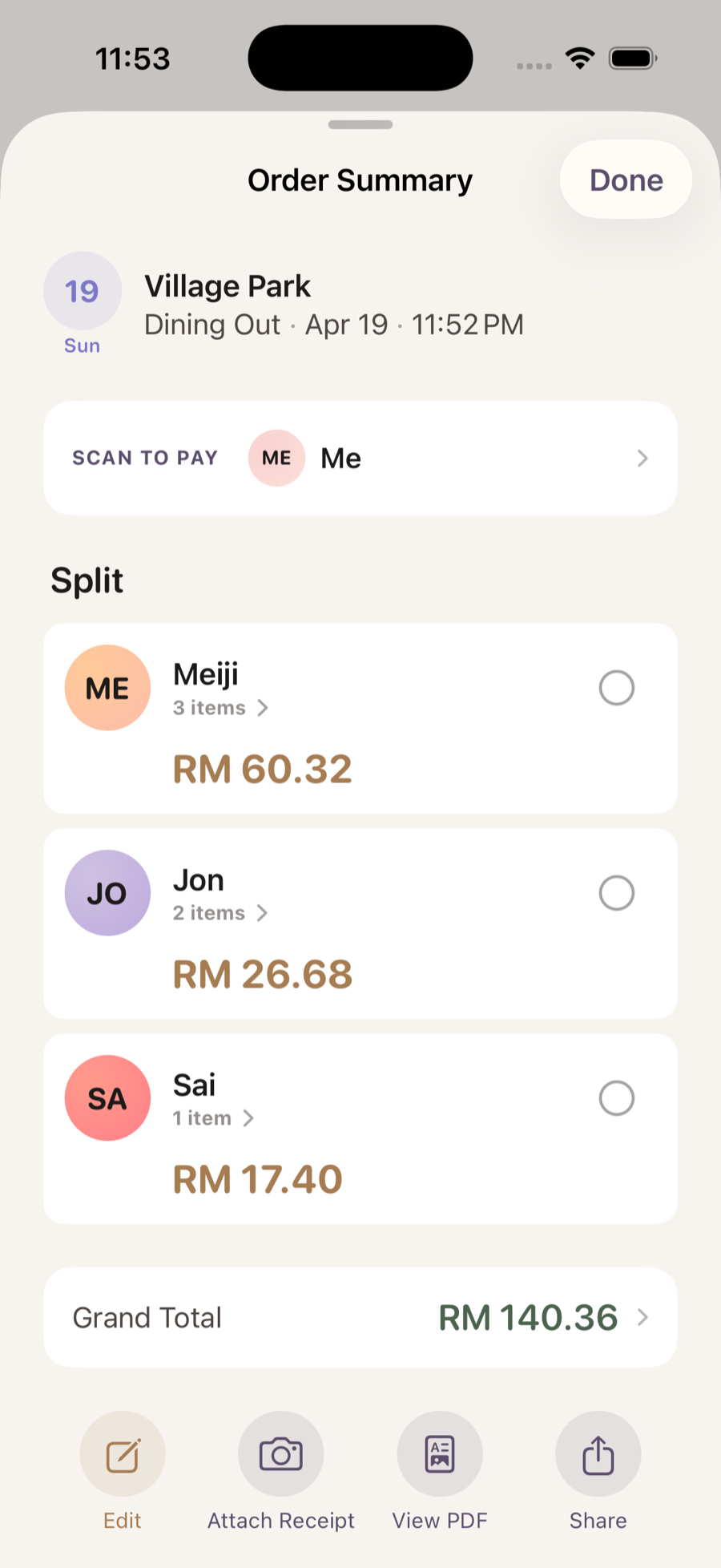 Bayarsama Order Summary — Scan to Pay showing QR code payment profile automatically attached to the split